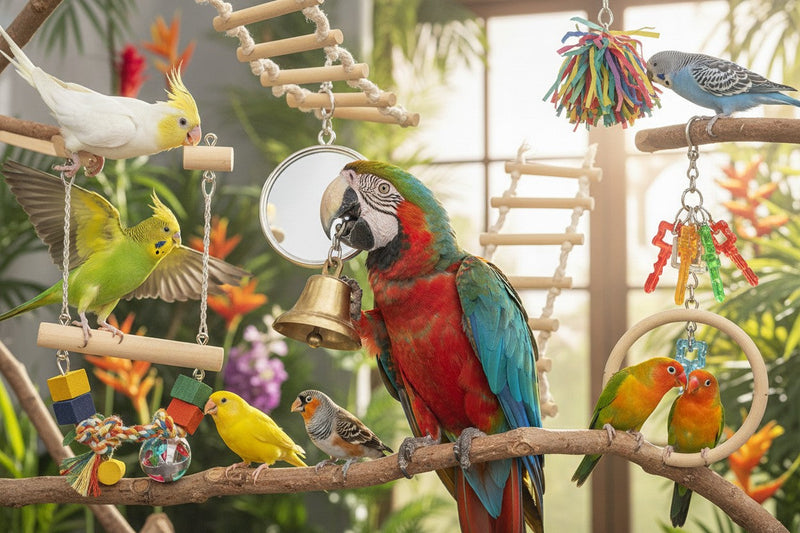 Birds in a room playing with bird toys.