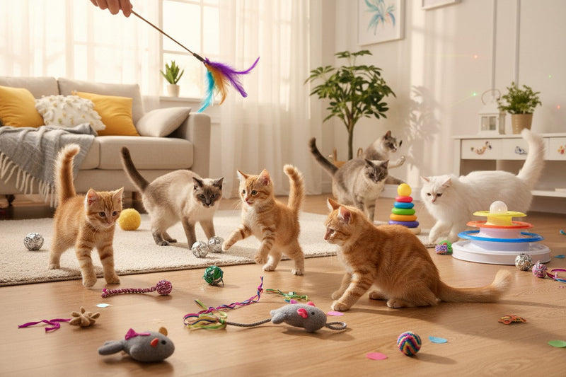 Cats playing with cat toys inside a room.
