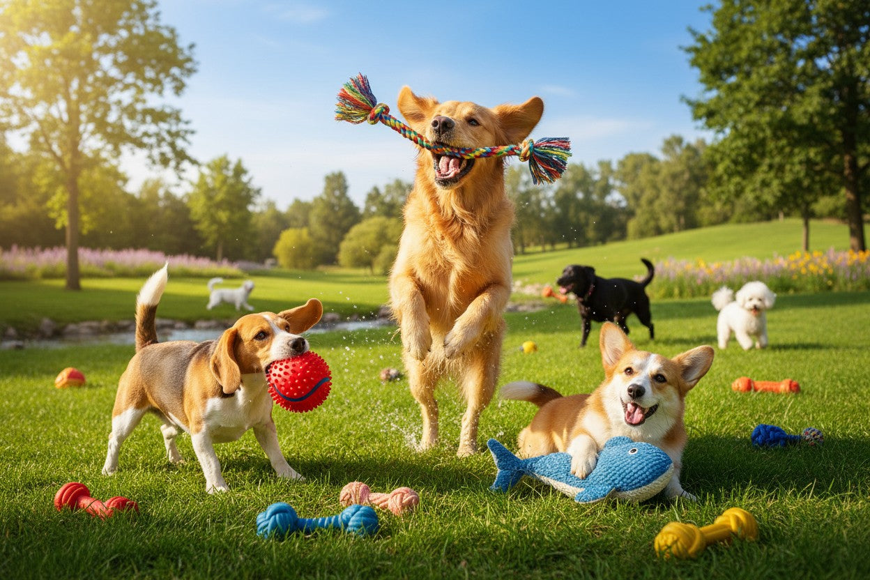 Dogs playing with dog toys in the grass on a sunny day.