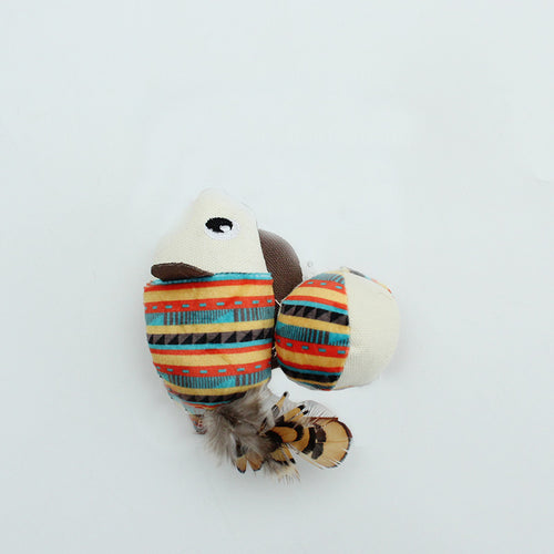 Cat toy with striped body and feather on a white background