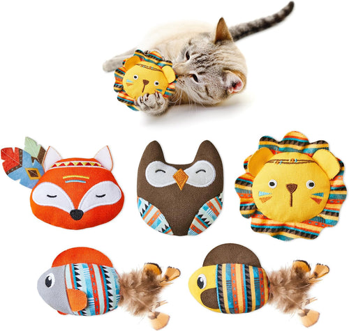 Set of colorful animal-shaped cat toys with a cat interacting with one of them on a white background.
